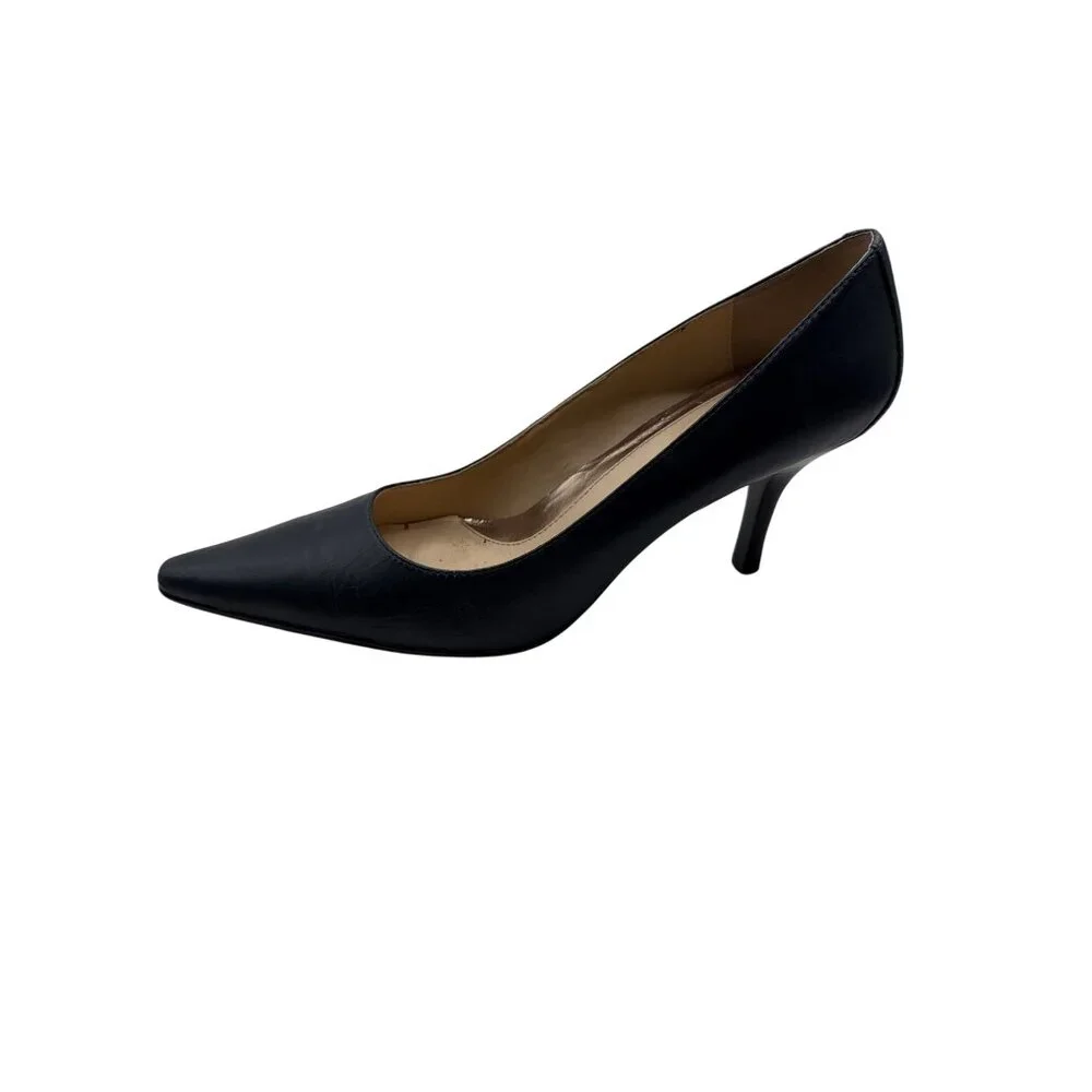 Calvin Klein Size 10 Dolly Style Black Pointed-Toe Stylist Leather Heels